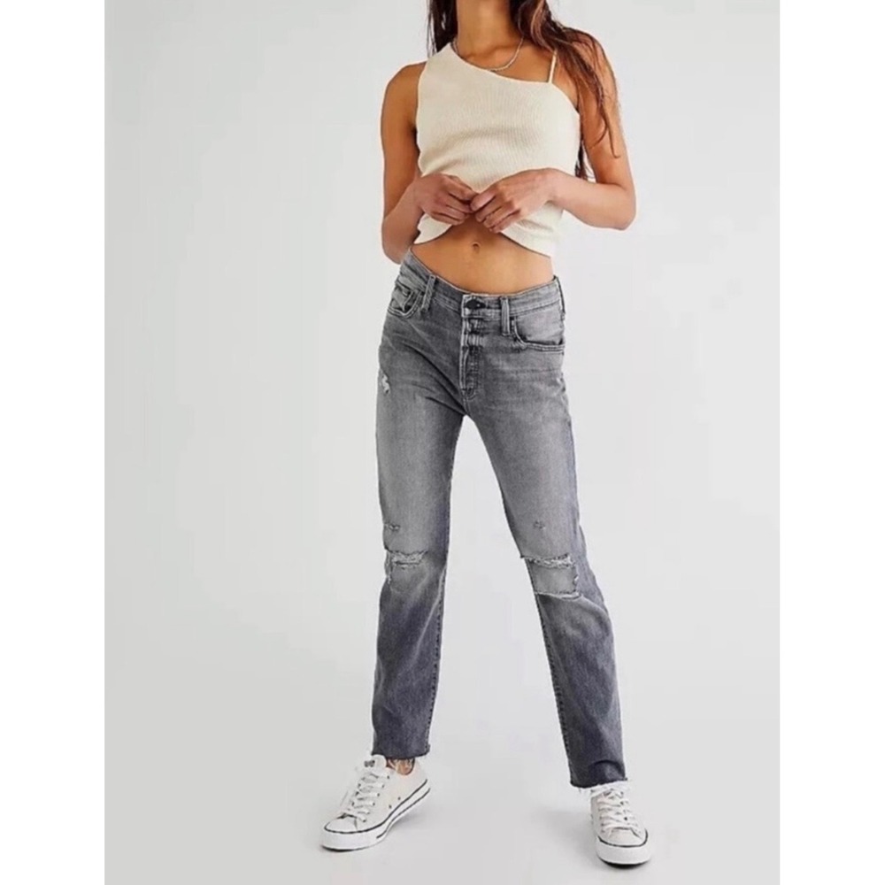MOTHER The Scrapper Cuff Ankle Fray Jeans Gray Distressed Raw Hem Size 26